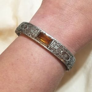 𝅺RARE Antique Art Deco Filigree Golden Paste Stone Bangle Bracelet